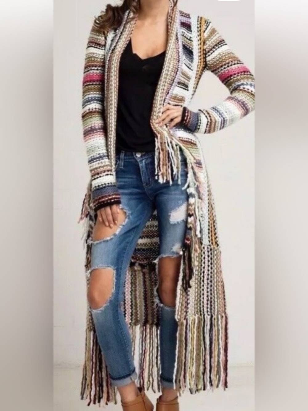 Fringed Open-Front Long Line Cardigan Duster